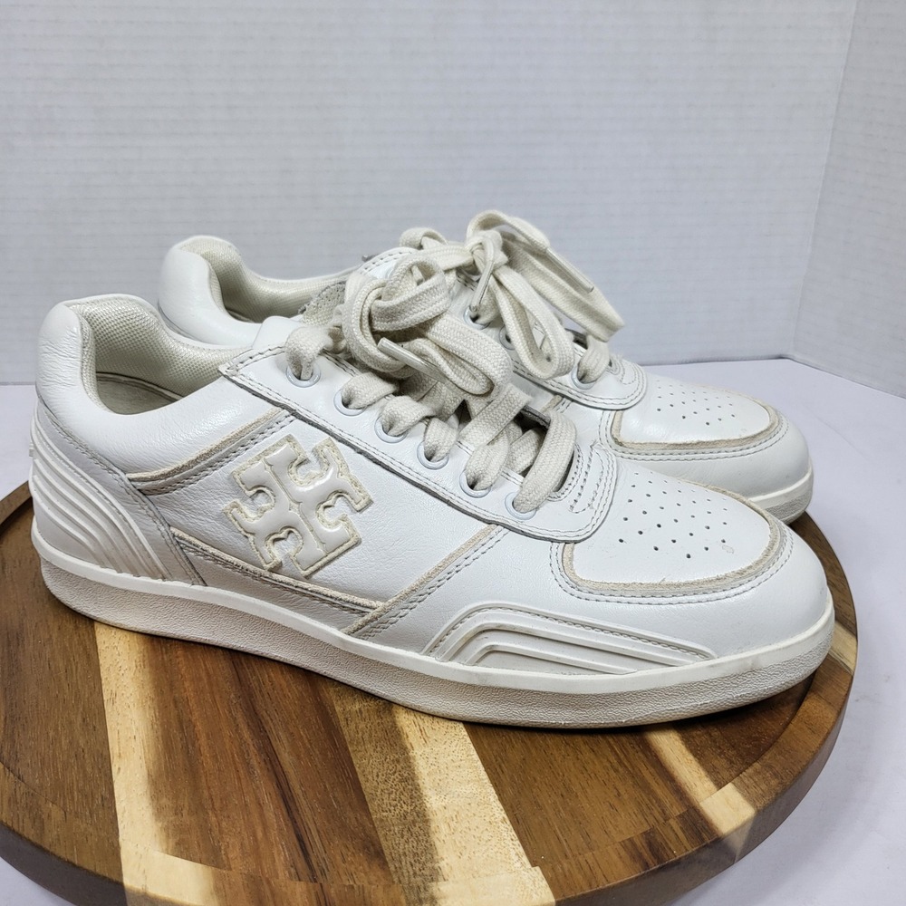 Tory Burch Sneakers Womens 5.5 White Excellent Leather Low Top Logo 152959